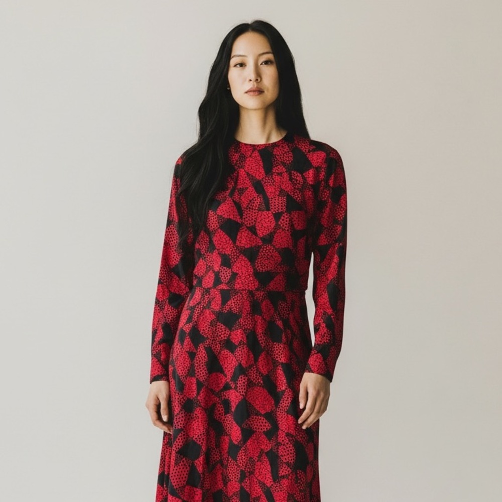 Givenchy Red and Black 100% Silk Shirt Blouse & Pleated Skirt Set size 4 vintage